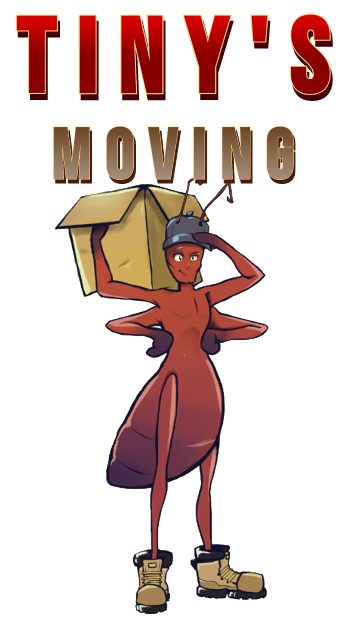 Tiny's Moving logo is an ant wearing a helmet carrying a box wearing workbooks